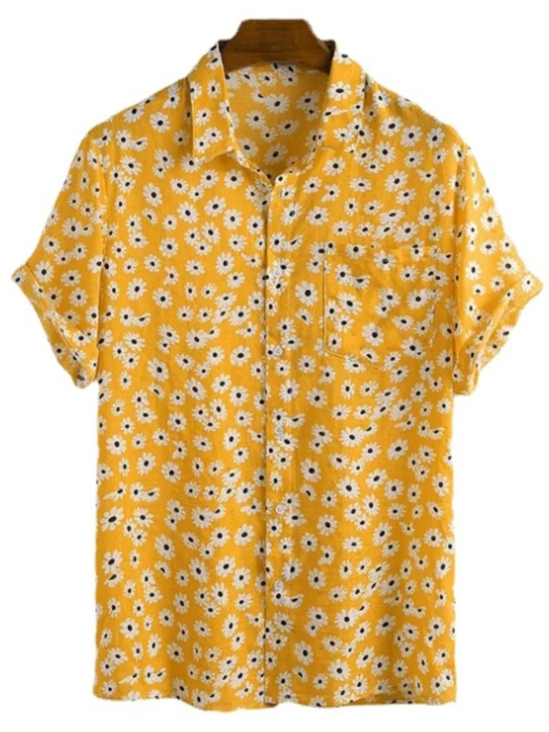 Men's Full Size Daisy Print Button Up Shirt Plus Size Mustard / S