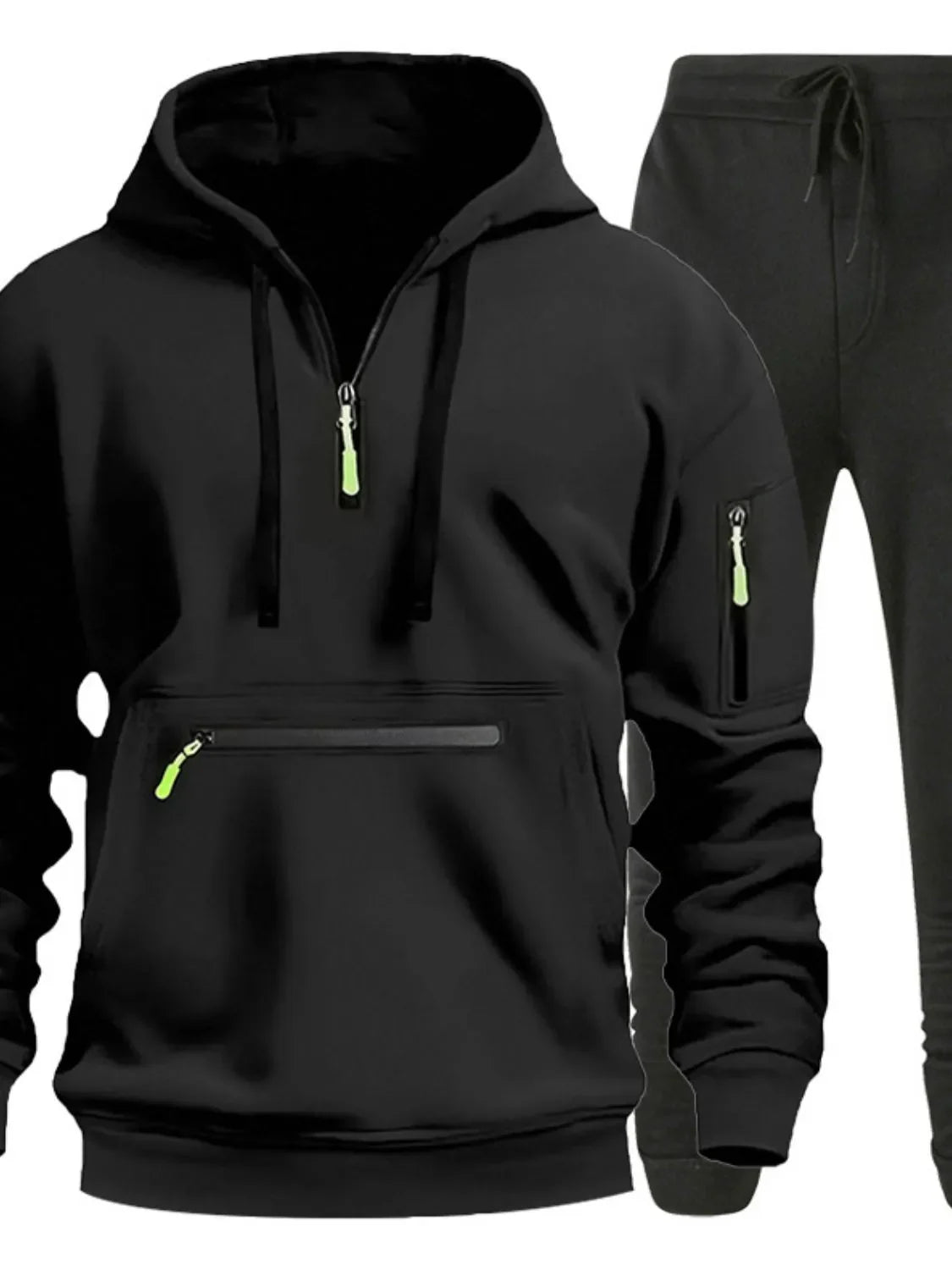 Men's Full Size Drawstring Half Zip Hoodie and Pants Set Plus Size Black / S