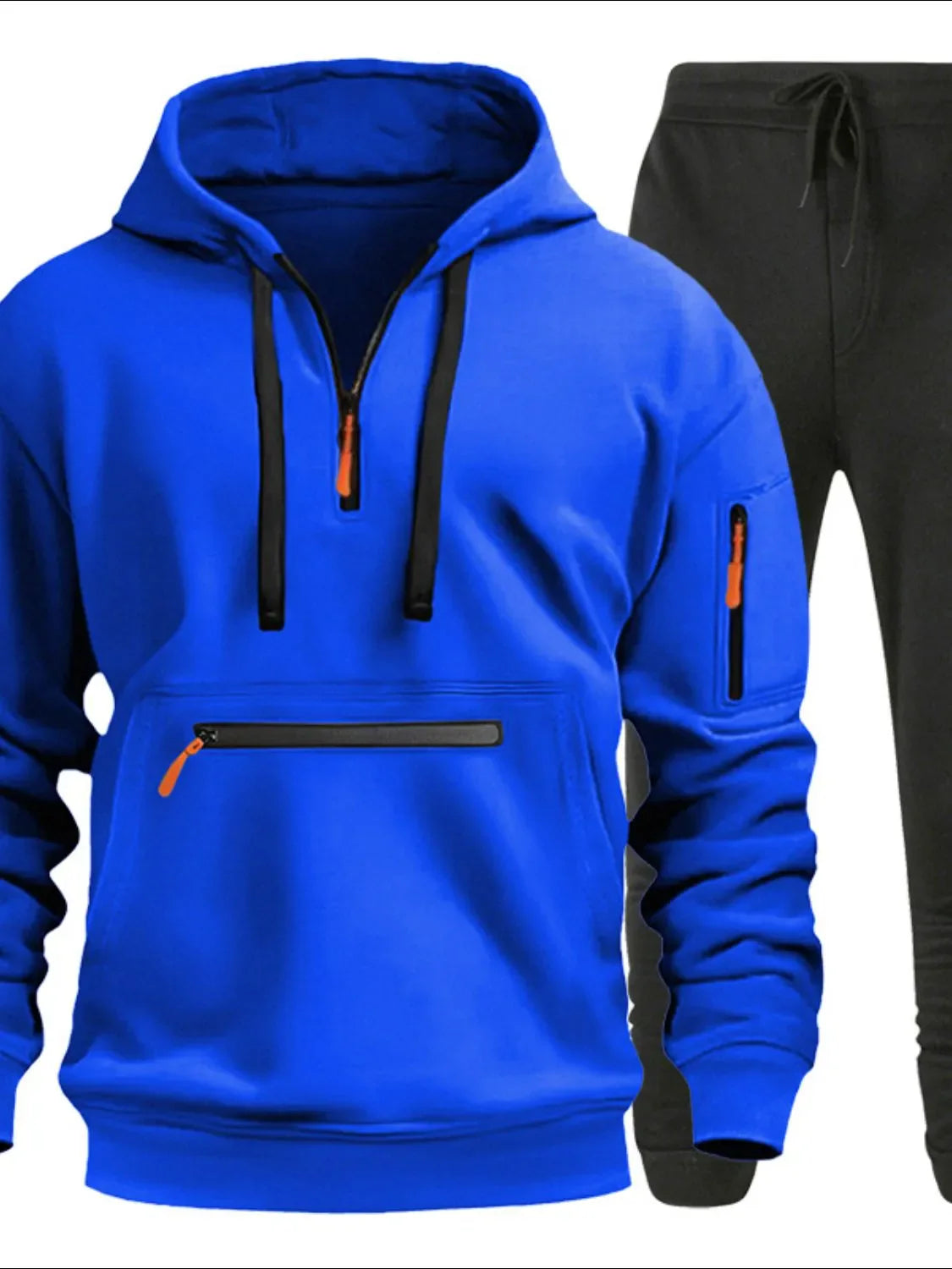 Men's Full Size Drawstring Half Zip Hoodie and Pants Set Plus Size Blue / S