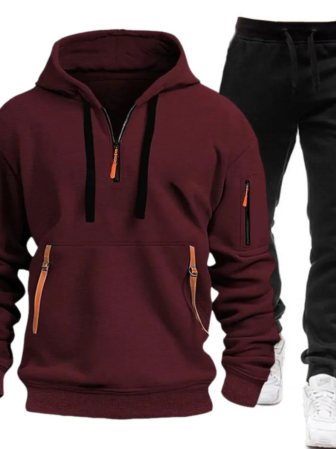 Men's Full Size Drawstring Half Zip Hoodie and Pants Set Plus Size Burgundy / S