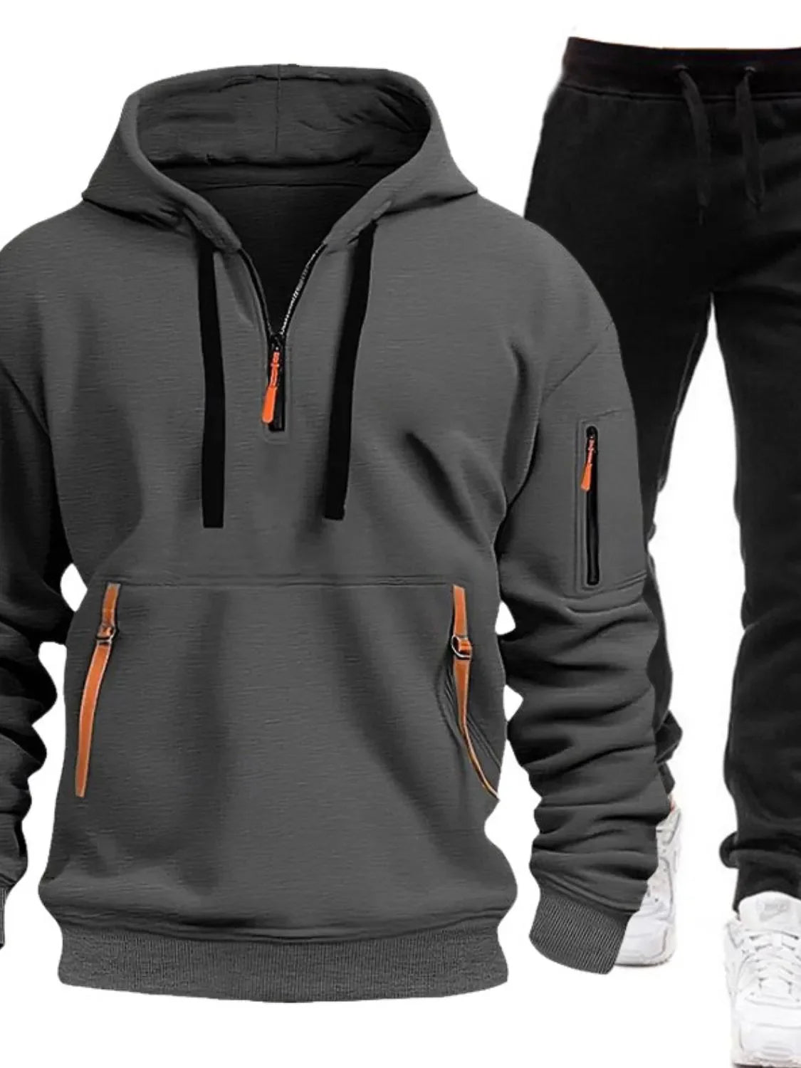 Men's Full Size Drawstring Half Zip Hoodie and Pants Set Plus Size Dark Gray / S