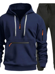 Men's Full Size Drawstring Half Zip Hoodie and Pants Set Plus Size Navy / S