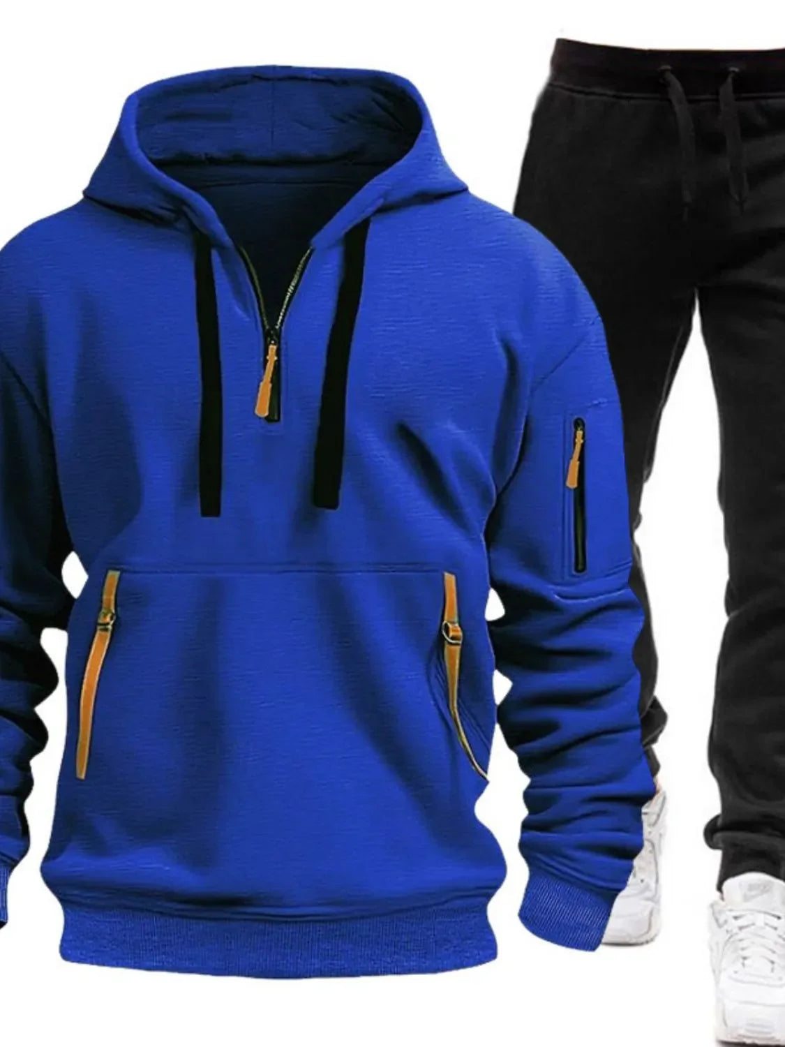 Men's Full Size Drawstring Half Zip Hoodie and Pants Set Plus Size Royal Blue / S