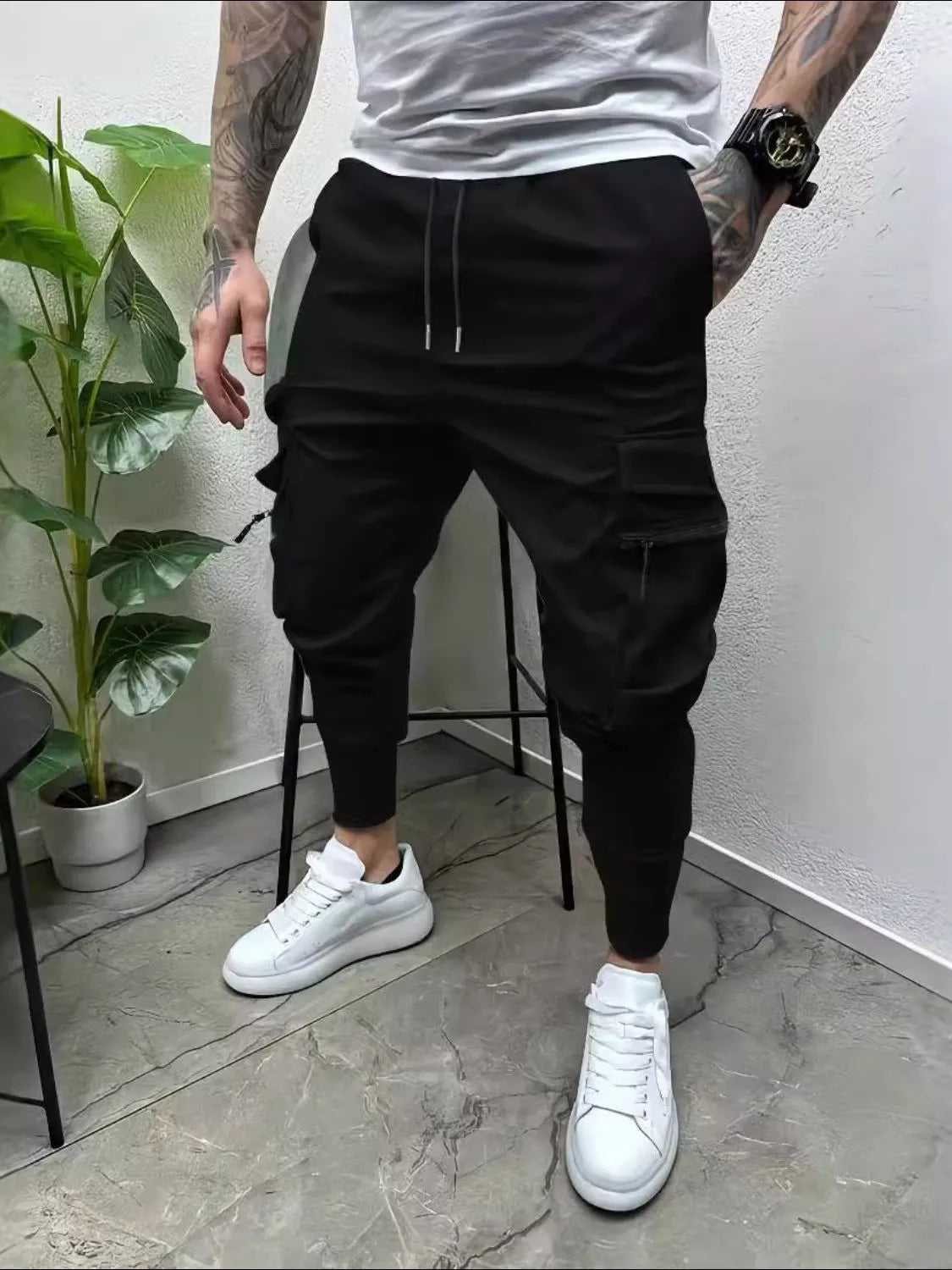 Men's Full Size Drawstring Pants with Pockets Plus Size Black / S