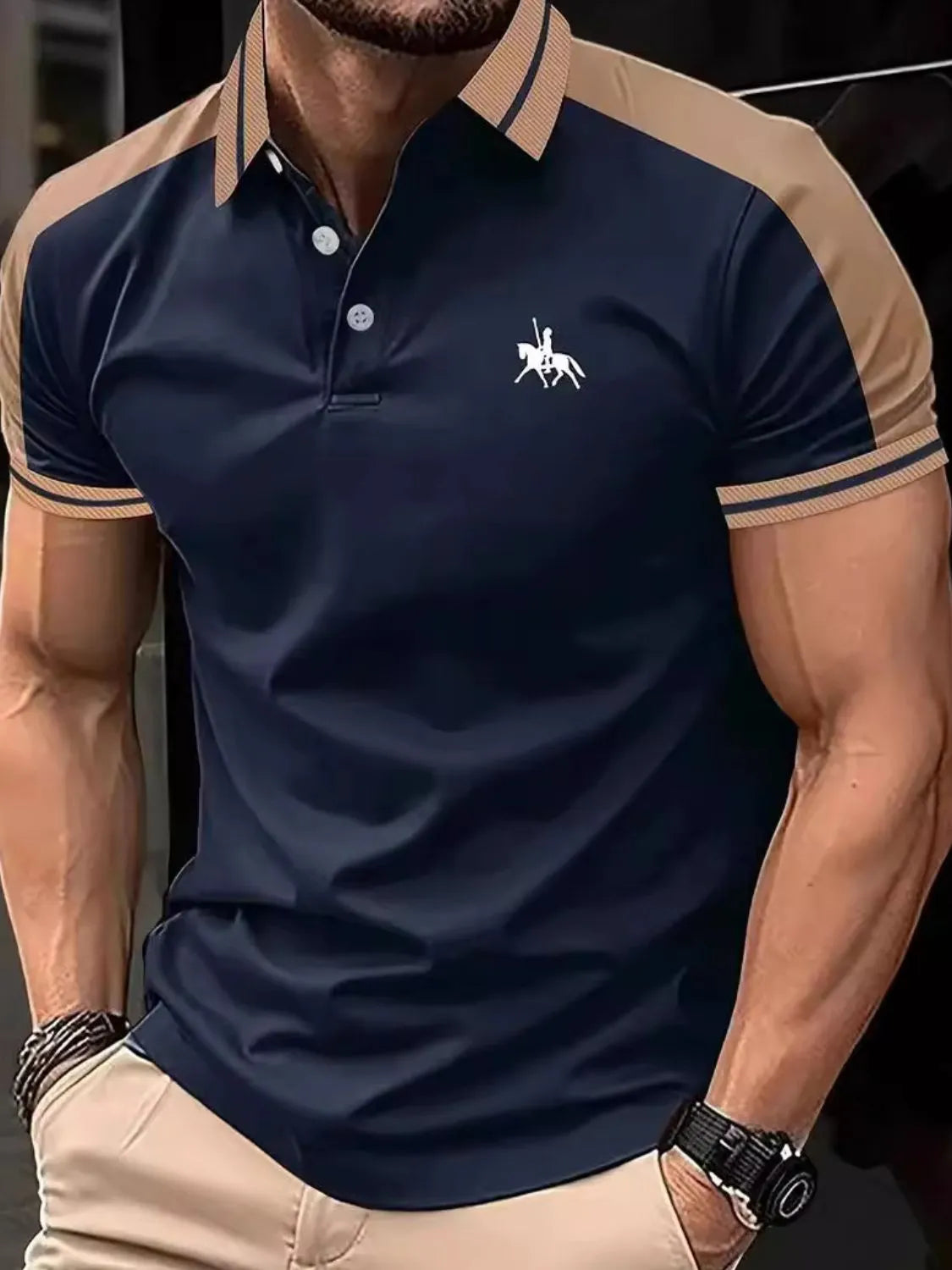 Men's Full Size Embroidered Collared Neck Short Sleeve Polo Plus Size Navy / S