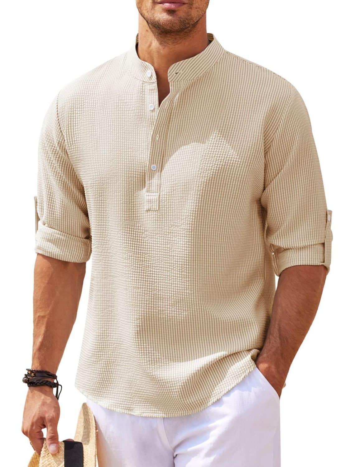 Men's Full Size Half Button Long Sleeve Shirt Plus Size Khaki / S
