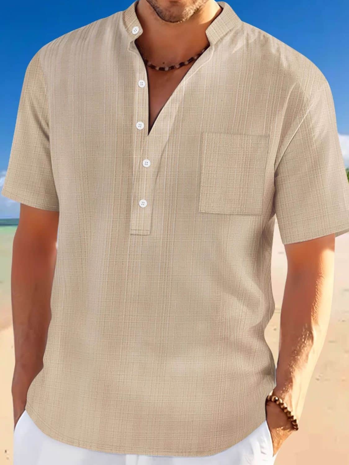 Men's Full Size Half Button Short Sleeve Polo Plus Size Khaki / S