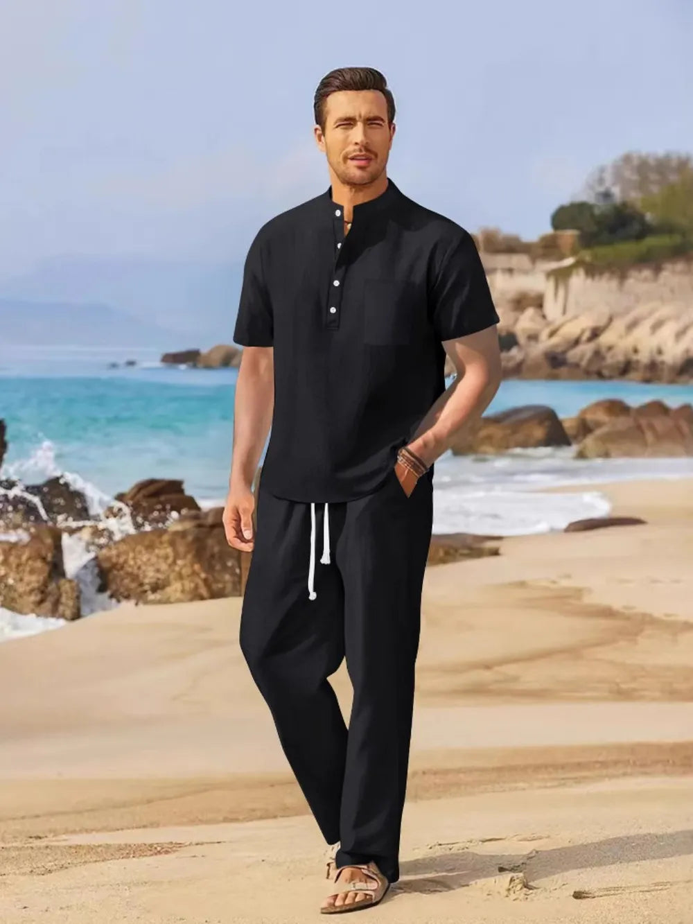 Men's Full Size Half Button Top and Drawstring Pants Set Plus Size Black / S