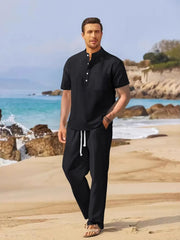 Men's Full Size Half Button Top and Drawstring Pants Set Plus Size Black / S