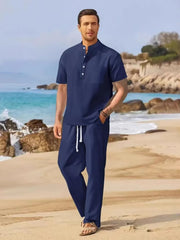 Men's Full Size Half Button Top and Drawstring Pants Set Plus Size Navy / S