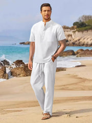 Men's Full Size Half Button Top and Drawstring Pants Set Plus Size White / S