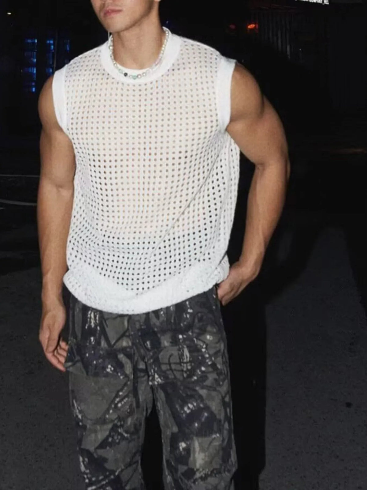 Men's Full Size Hollow Out Round Neck Tank Plus Size White / S