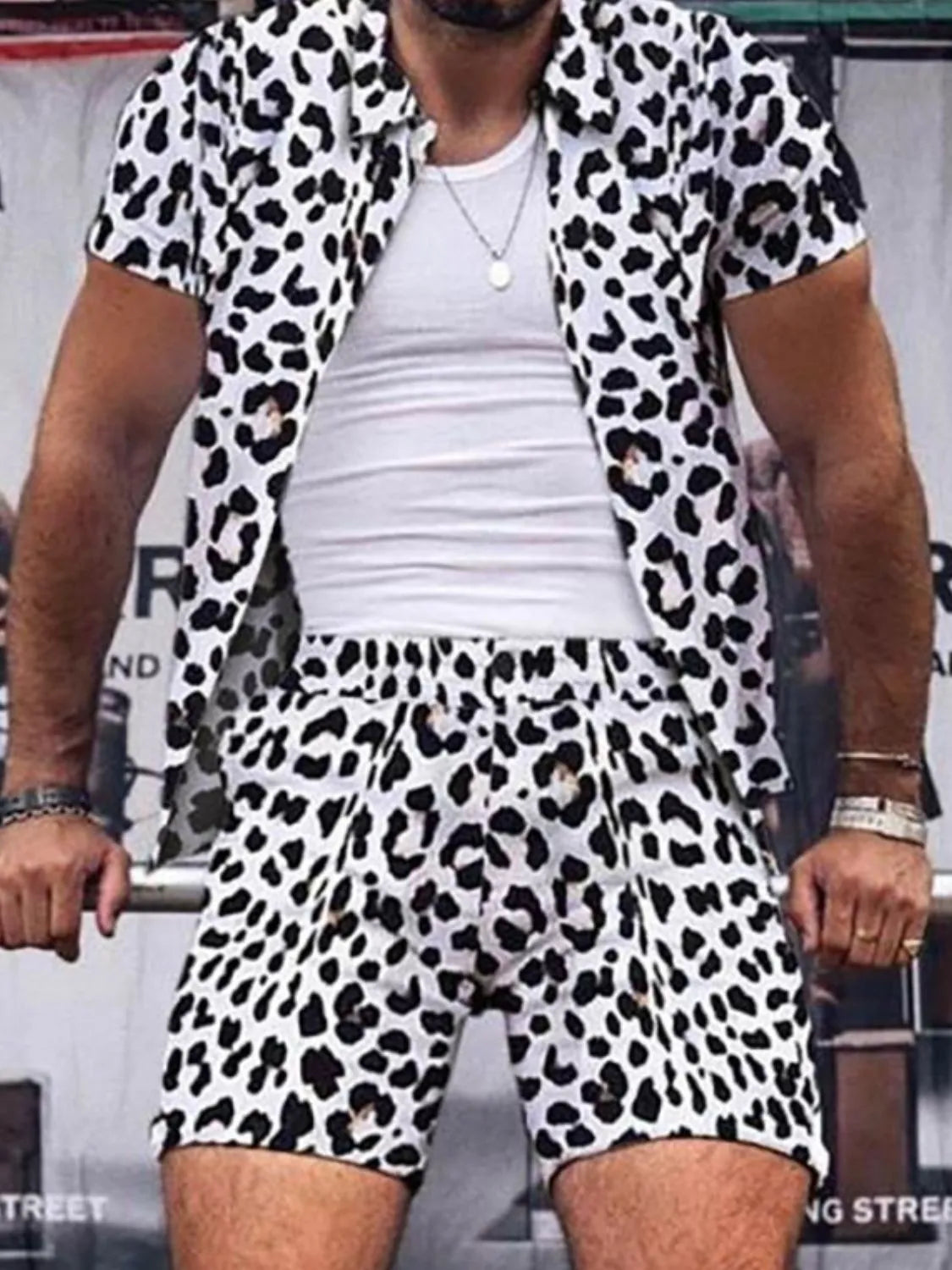 Men's Full Size Leopard Button Up Shirt and Shorts Set Plus Size Leopard / S