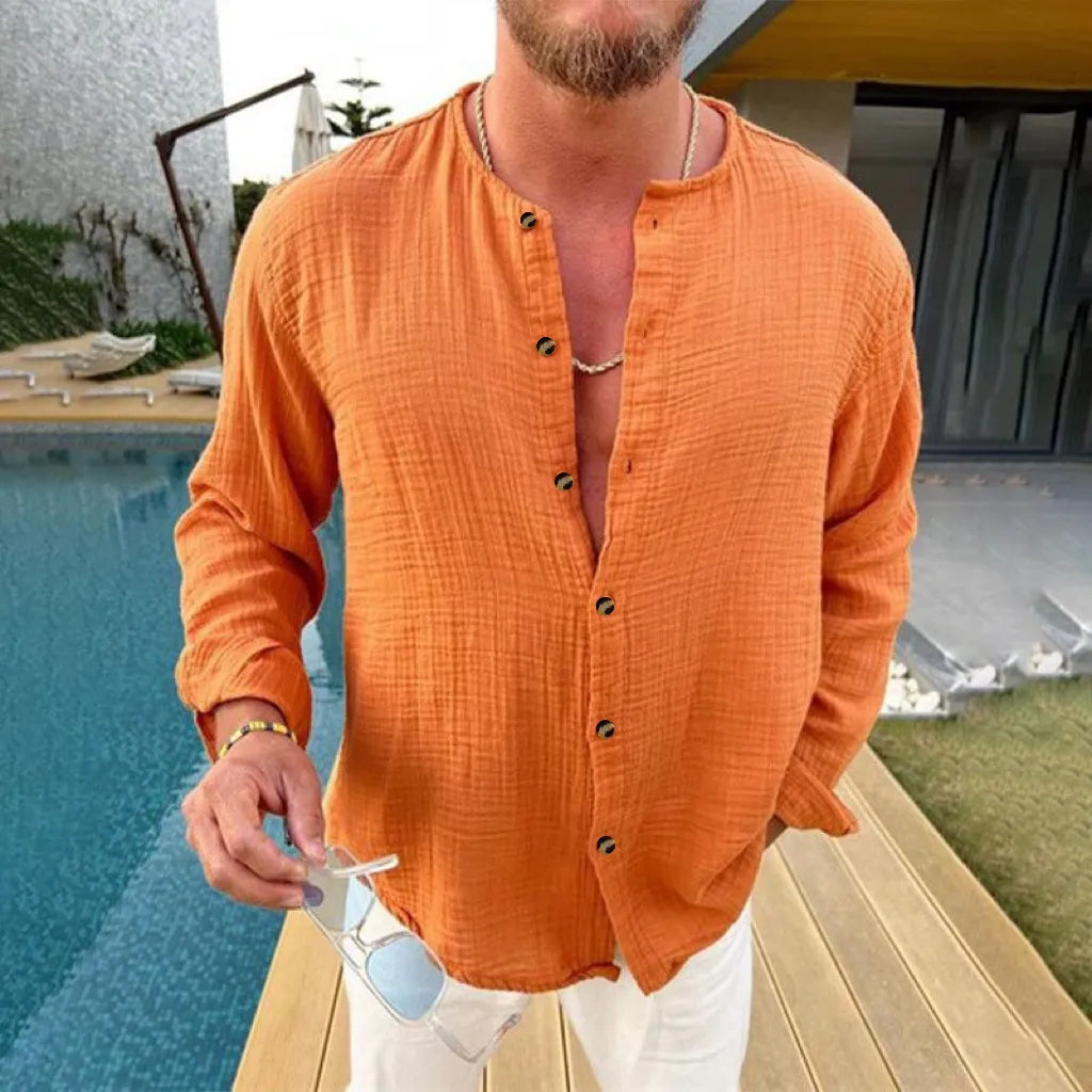 Men's Full Size Linen Button-Down Mandarin Collar Shirt Plus Size Orange / S