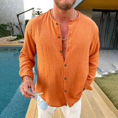 Men's Full Size Linen Button-Down Mandarin Collar Shirt Plus Size Orange / S
