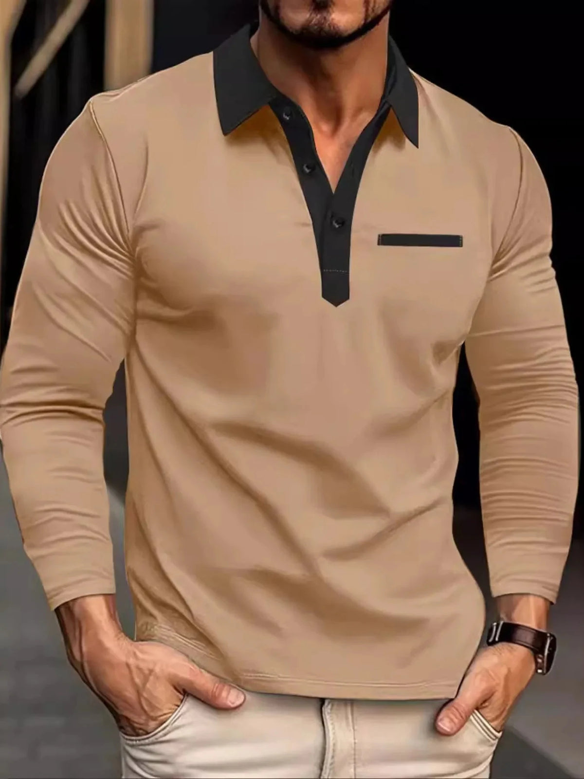 Men's Full Size Long Sleeve Contrast Collar Polo Shirt Plus Size Khaki / S