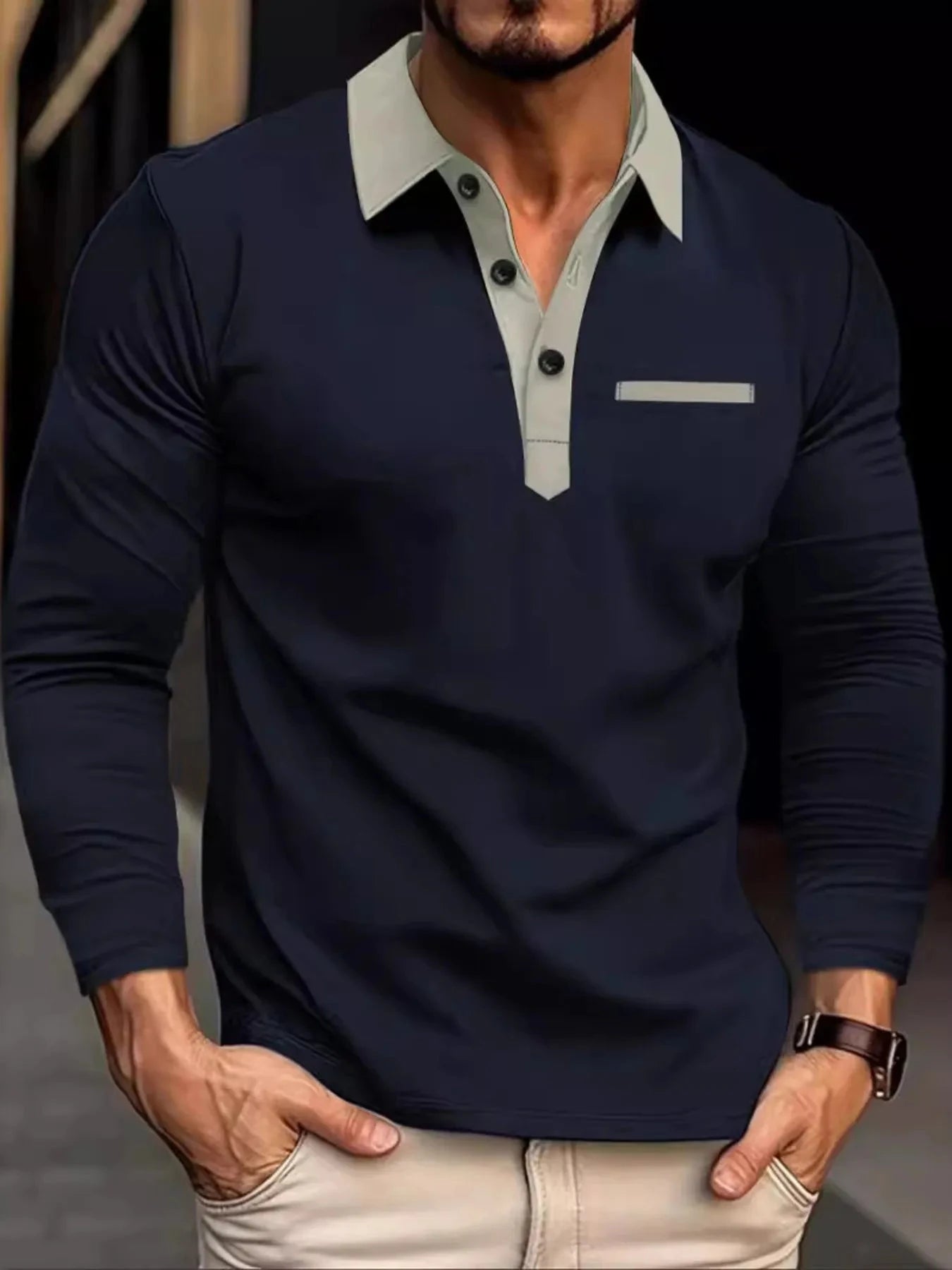 Men's Full Size Long Sleeve Contrast Collar Polo Shirt Plus Size Navy Blue / S