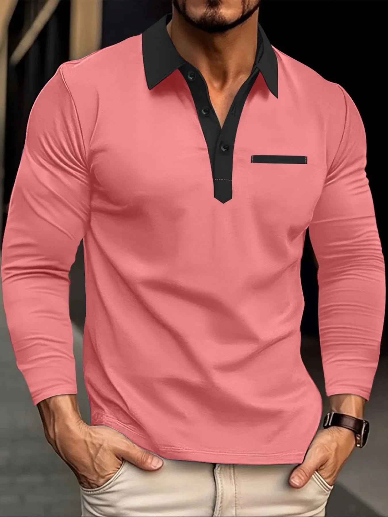 Men's Full Size Long Sleeve Contrast Collar Polo Shirt Plus Size Peach / S