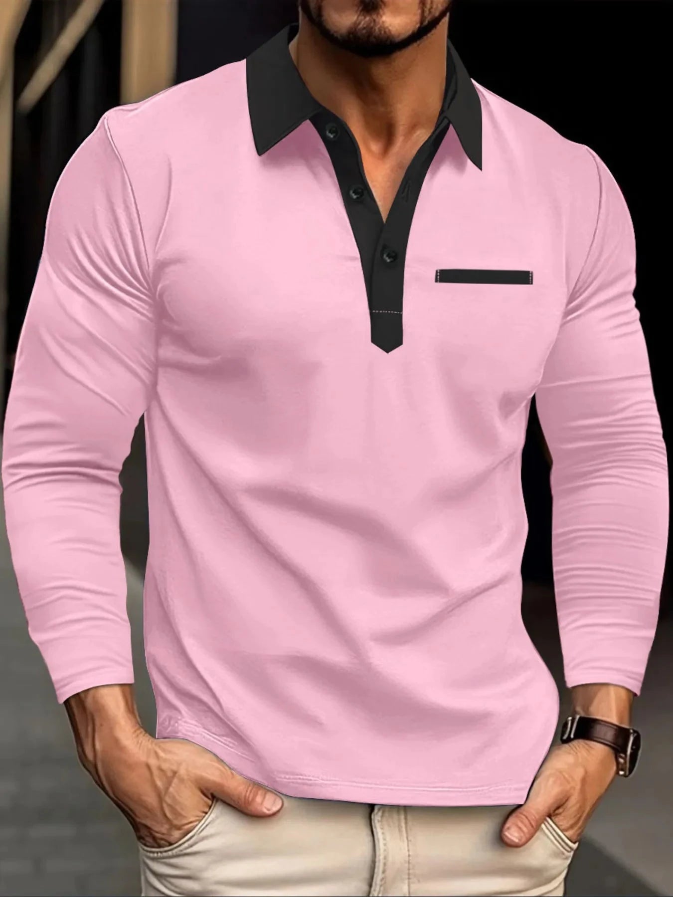 Men's Full Size Long Sleeve Contrast Collar Polo Shirt Plus Size Pink / S