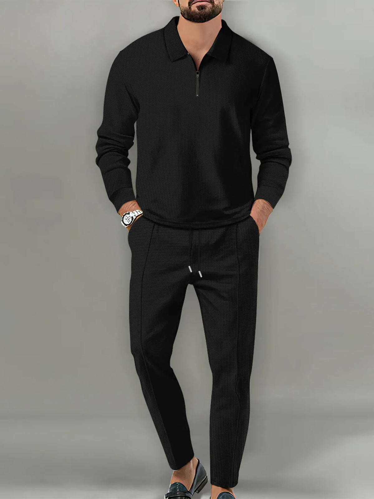 Men's Full Size Long Sleeve Top and Pants Set Plus Size Black / S