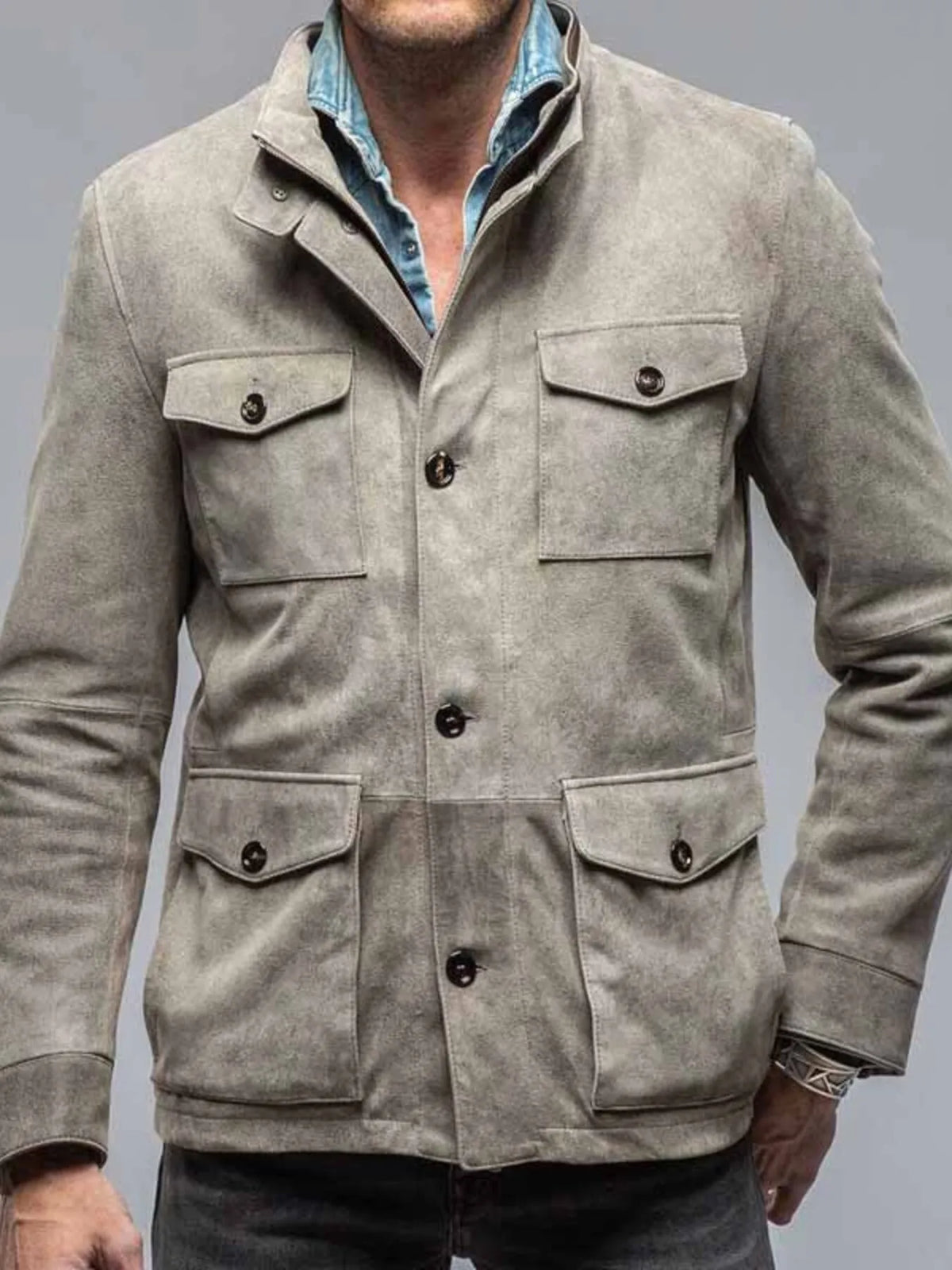Men's Full Size Multi-Pocket Long Sleeve Jacket Plus Size Gray / S