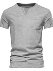 Men's Full Size Notched Henley T-Shirt with Chest Pocket Plus Size Light Gray / S