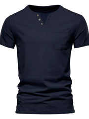 Men's Full Size Notched Henley T-Shirt with Chest Pocket Plus Size Navy Blue / S