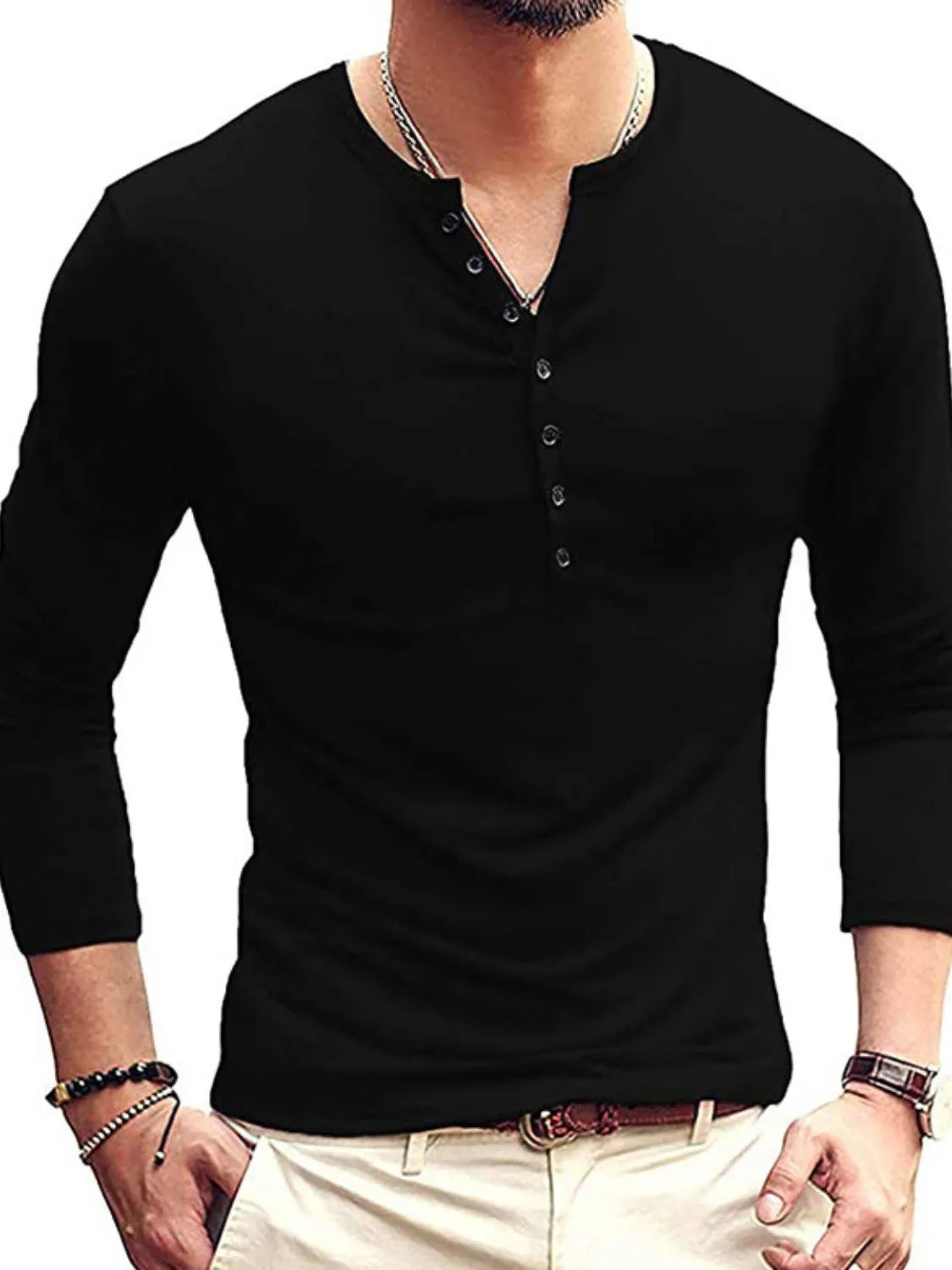 Men's Full Size Notched Long Sleeve Top Plus Size