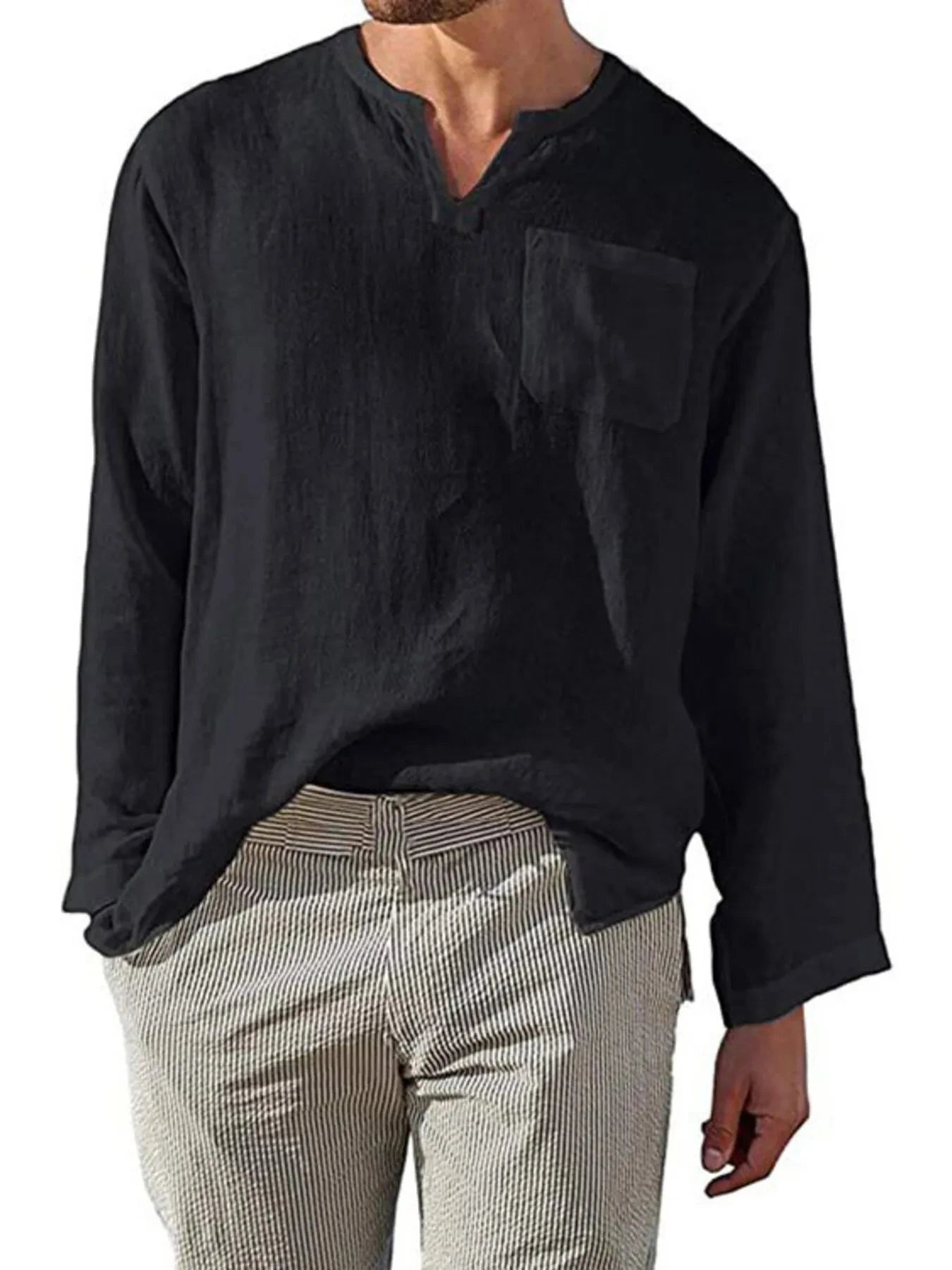 Men's Full Size Notched Long Sleeve Top Plus Size Black / S