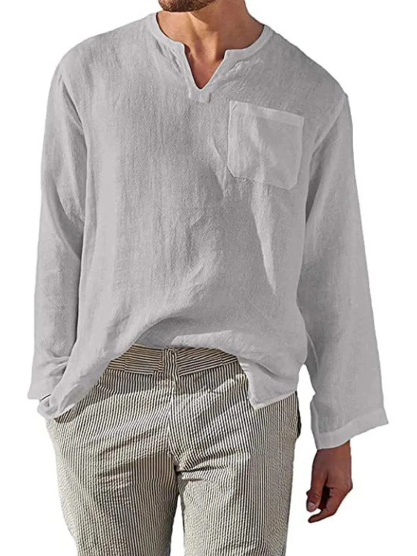 Men's Full Size Notched Long Sleeve Top Plus Size Gray / S