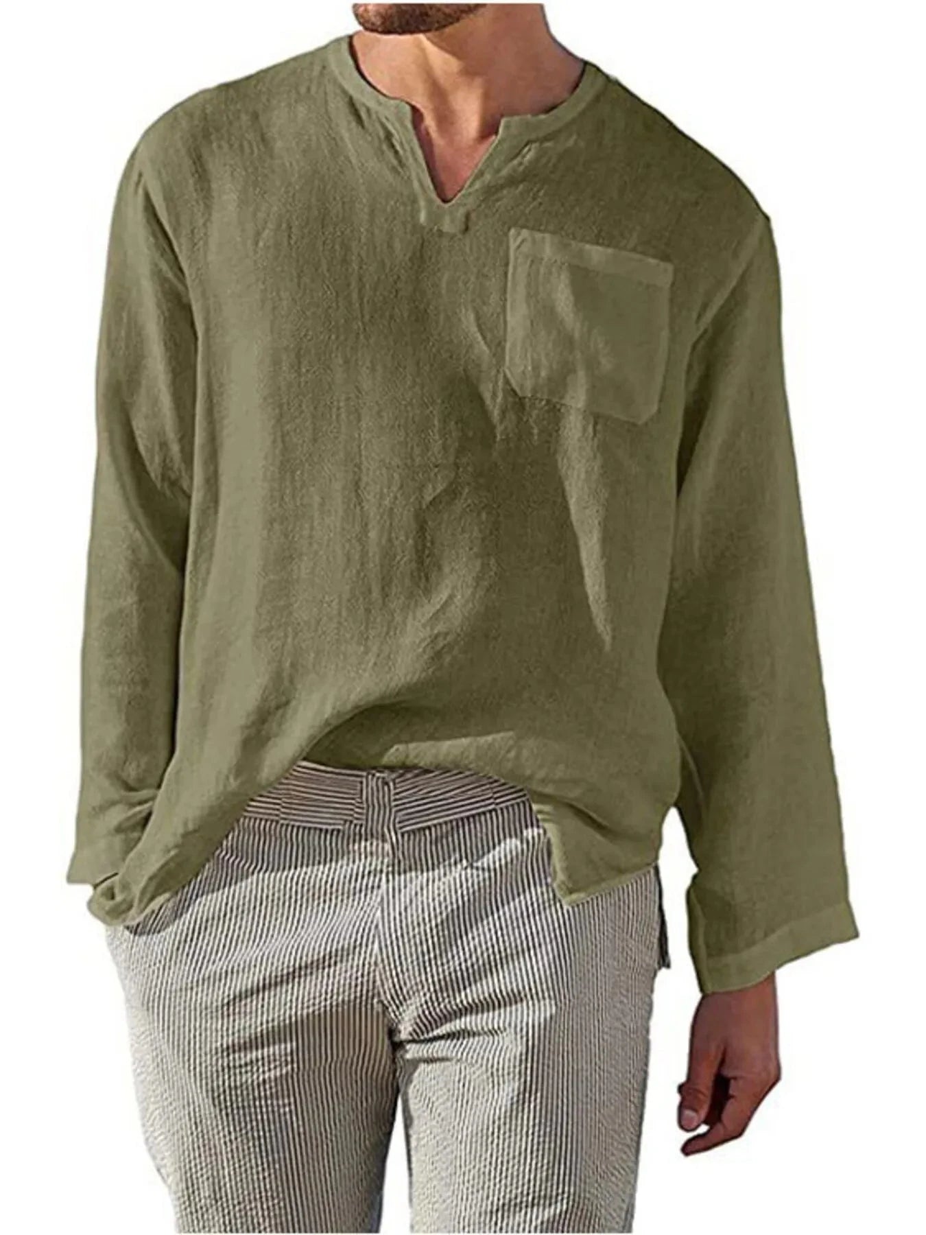Men's Full Size Notched Long Sleeve Top Plus Size Green / S