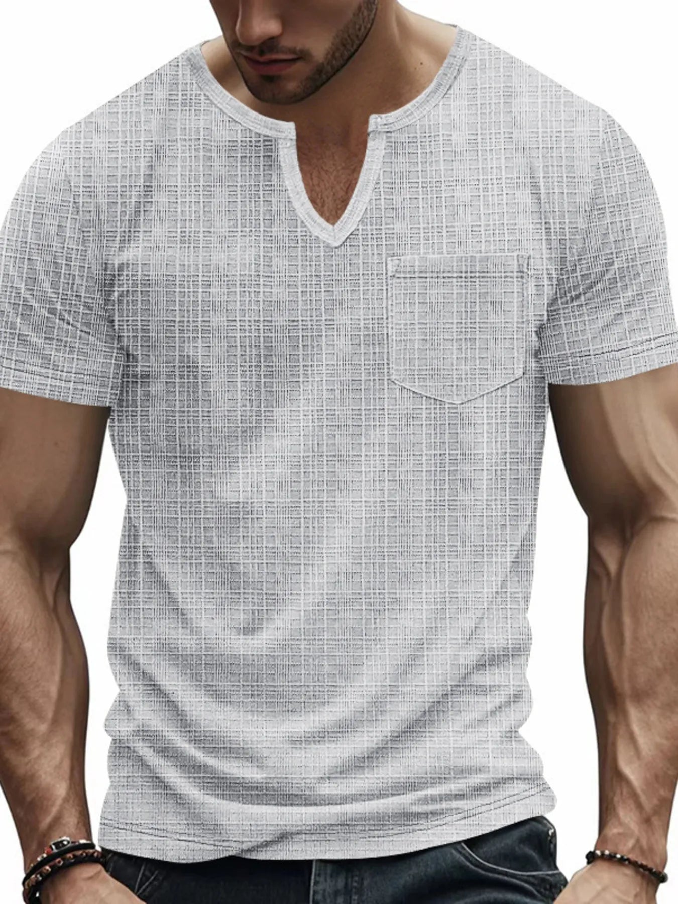Men's Full Size Notched Short Sleeve T-Shirt Plus Size Light Gray / S