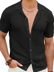 Men's Full Size Openwork Button Down Short Sleeve Shirt Plus Size Black / 2XL