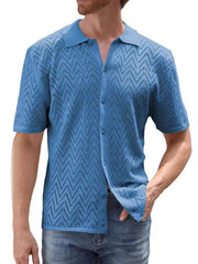 Men's Full Size Openwork Button Down Short Sleeve Shirt Plus Size Blue / S