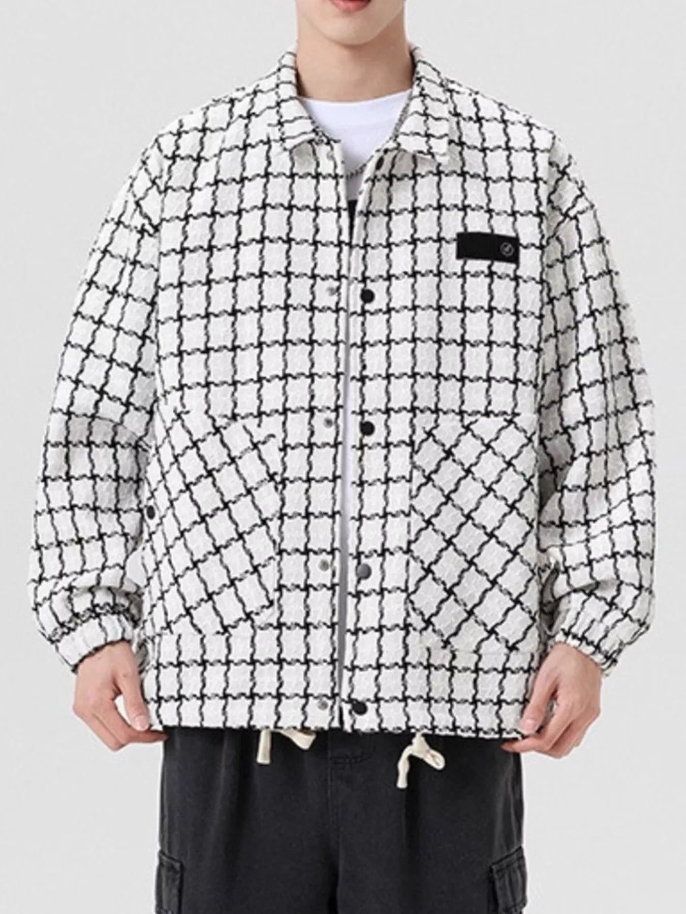 Men's Full Size Plaid Button Up Casual Jacket Plus Size White / S