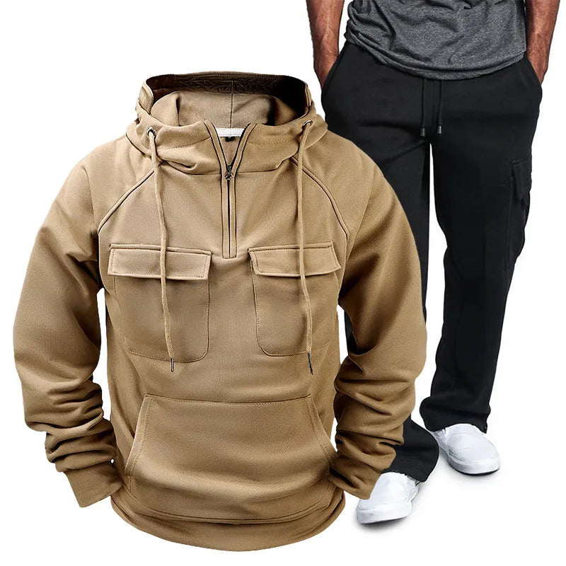 Men's Full Size Pocketed Drawstring Hoodie and Pants Set Plus Size Khaki / M