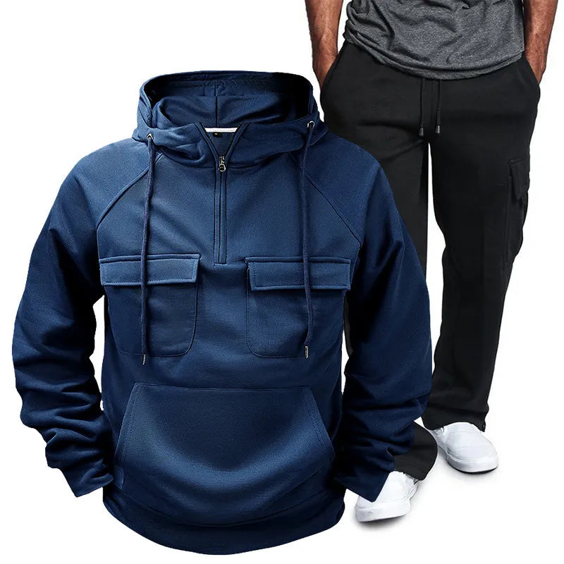 Men's Full Size Pocketed Drawstring Hoodie and Pants Set Plus Size Navy / 3XL