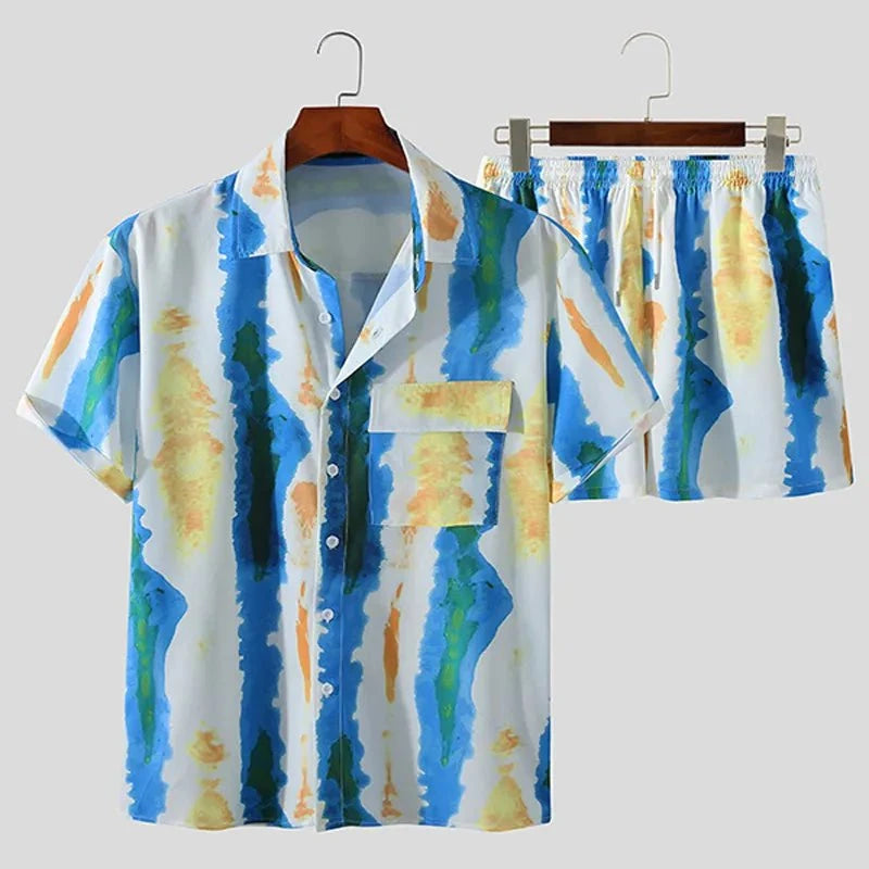 Men's Full Size Printed Button Up Short Sleeve Shirt and Shorts Plus Size Light Blue / S