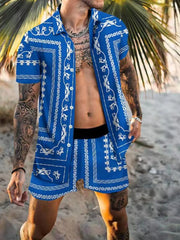 Men's Full Size Printed Collared Neck Short Sleeve Top and Shorts Set Plus Size Blue / S