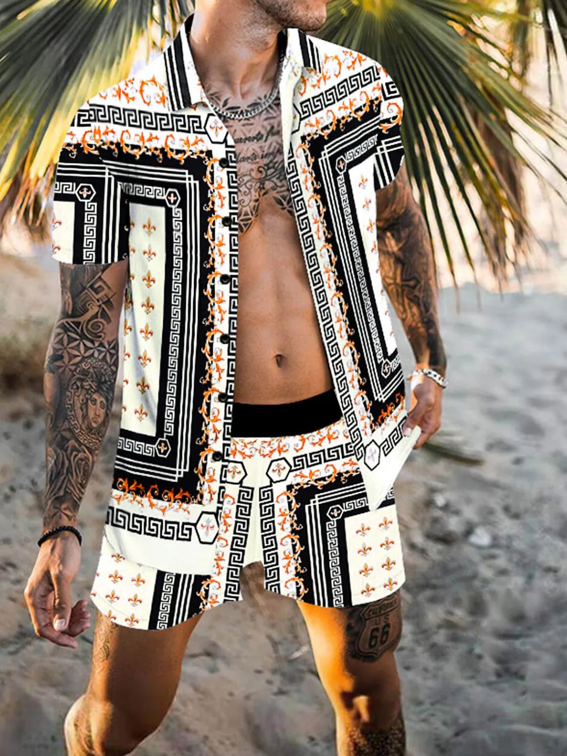 Men's Full Size Printed Collared Neck Short Sleeve Top and Shorts Set Plus Size White / S