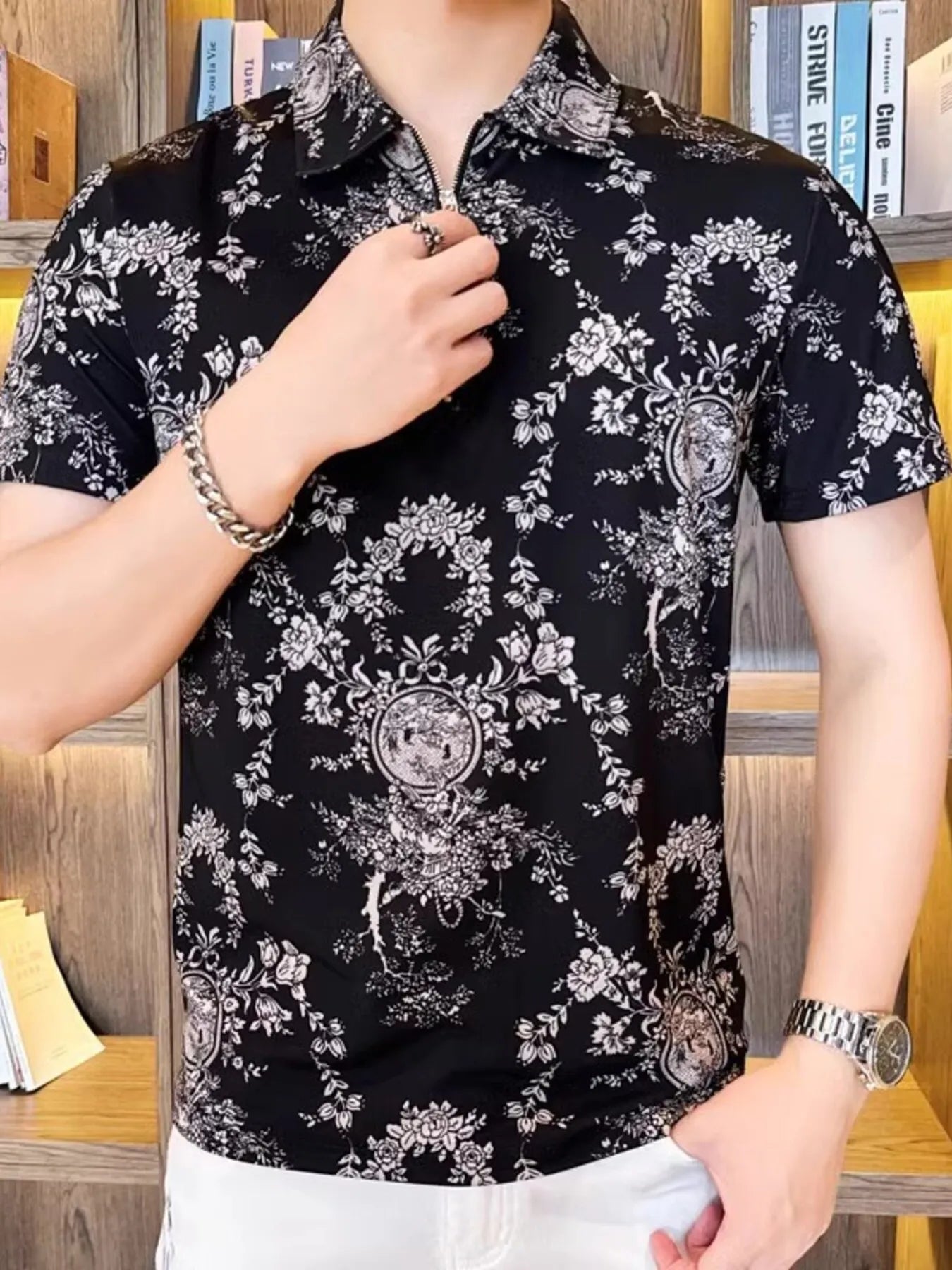Men's Full Size Printed Short Sleeve Polo Plus Size Black / S