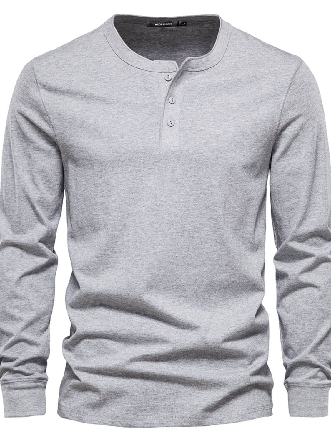 Men's Full Size Quarter Button Round Neck Long Sleeve T-Shirt Plus Size Gray / 3XL