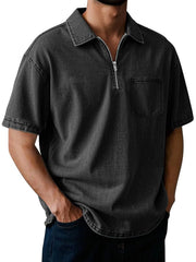 Men's Full Size Quarter Zip Short Sleeve Polo Plus Size Black / S