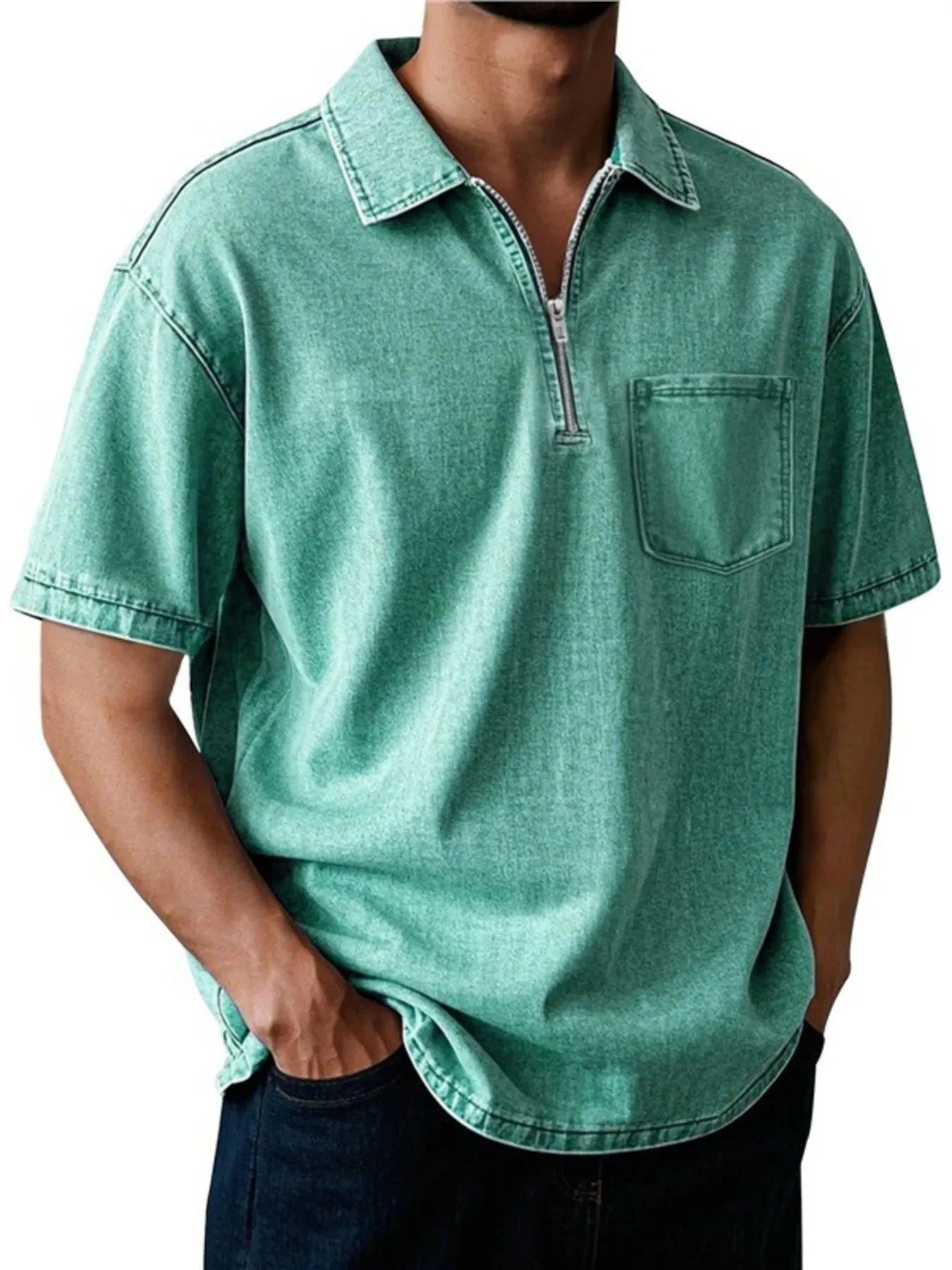 Men's Full Size Quarter Zip Short Sleeve Polo Plus Size Green / S