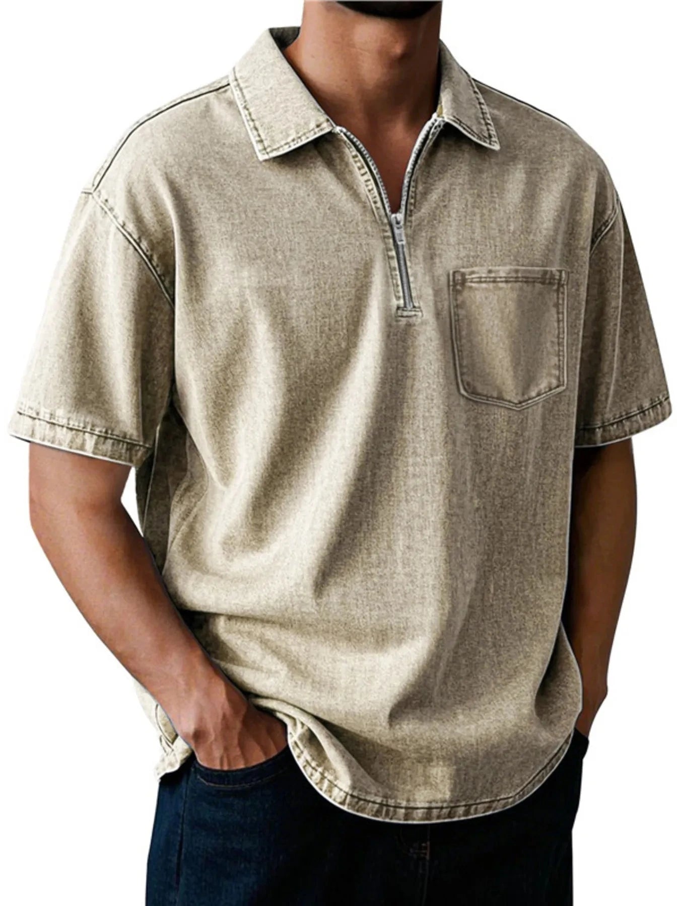 Men's Full Size Quarter Zip Short Sleeve Polo Plus Size Khaki / S