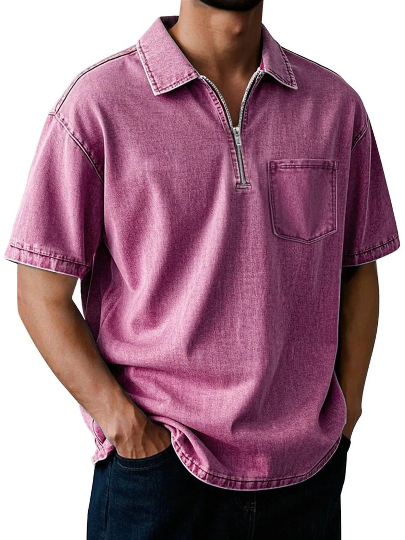 Men's Full Size Quarter Zip Short Sleeve Polo Plus Size Pink / S