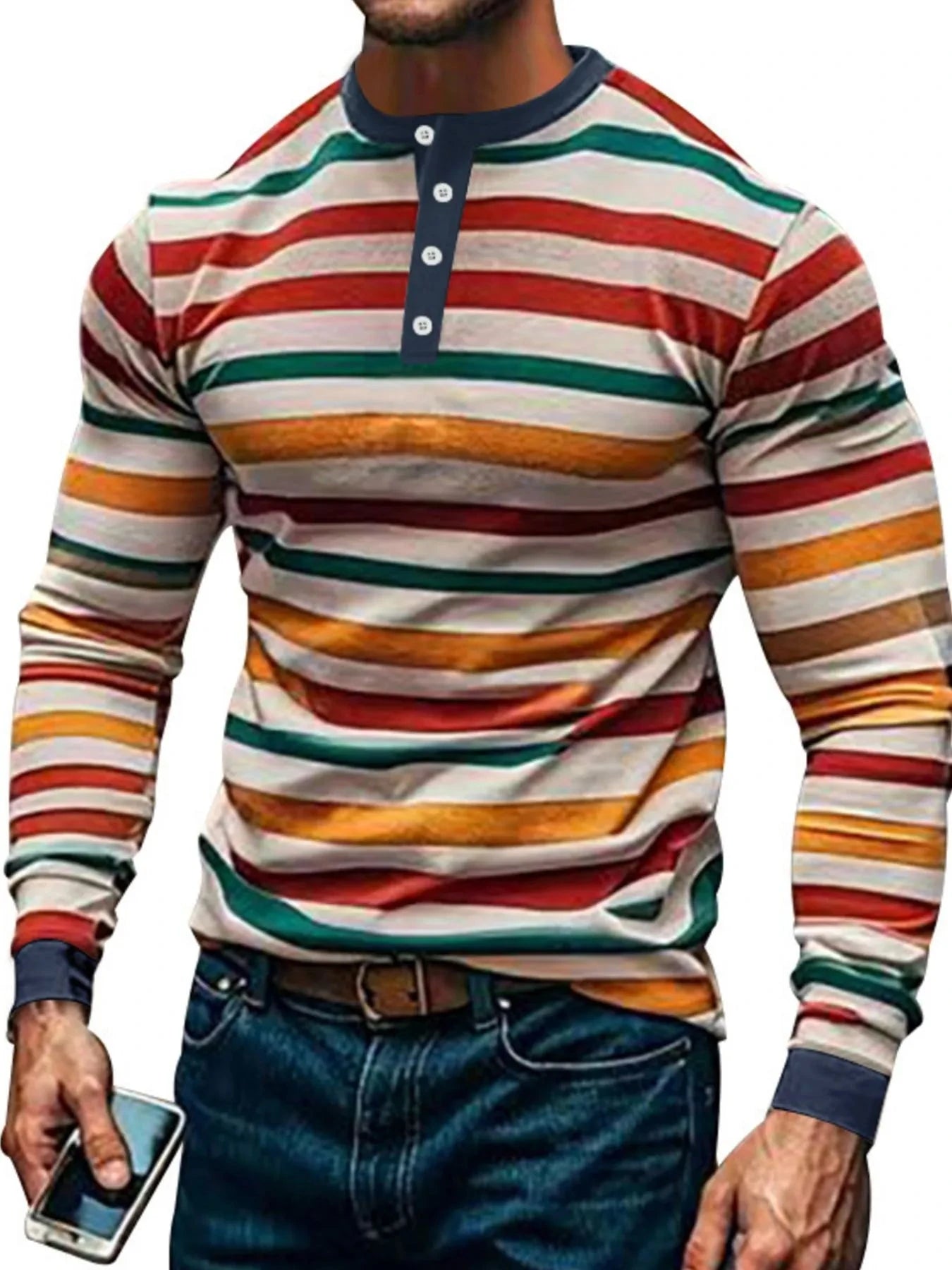 Men's Full Size Rainbow Striped Long Sleeve T-Shirt Plus Size Green Apricot Red Yellow / S