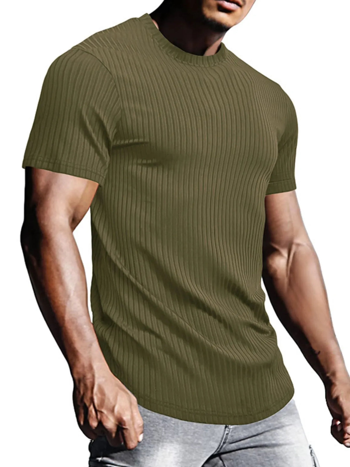 Men's Full Size Ribbed Knit Short Sleeve Round Neck T-Shirt Plus Size Moss / S