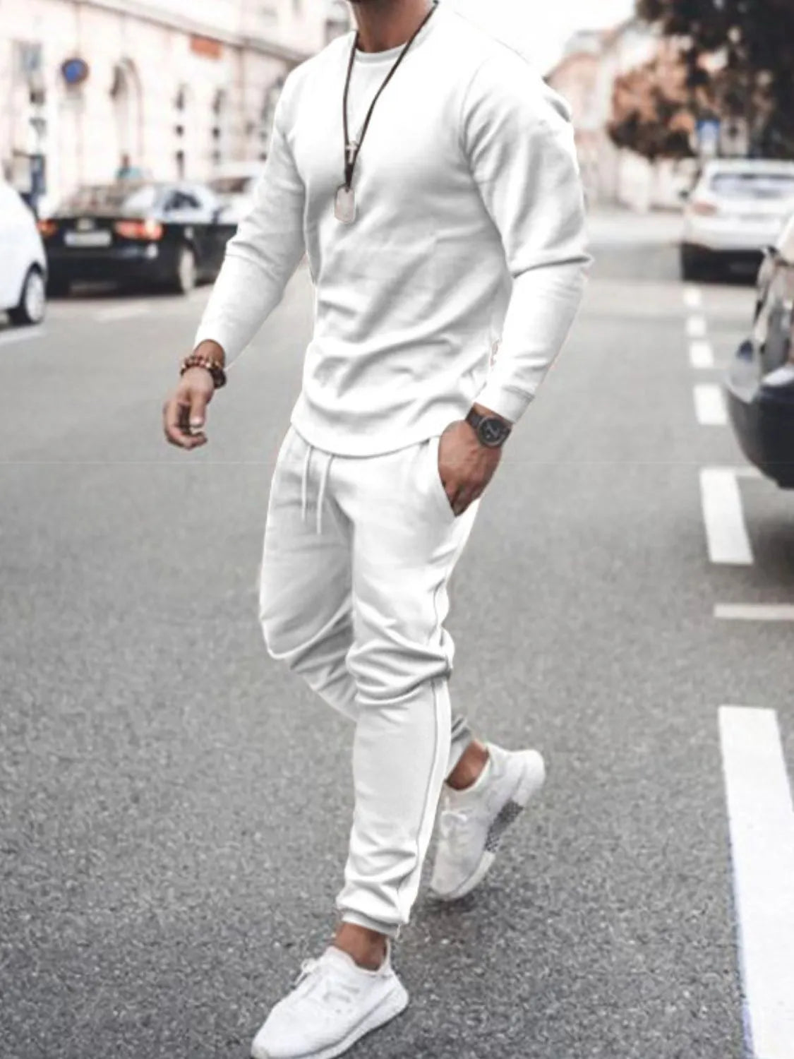 Men's Full Size Round Neck Long Sleeve Top and Pants Set Plus Size White / S