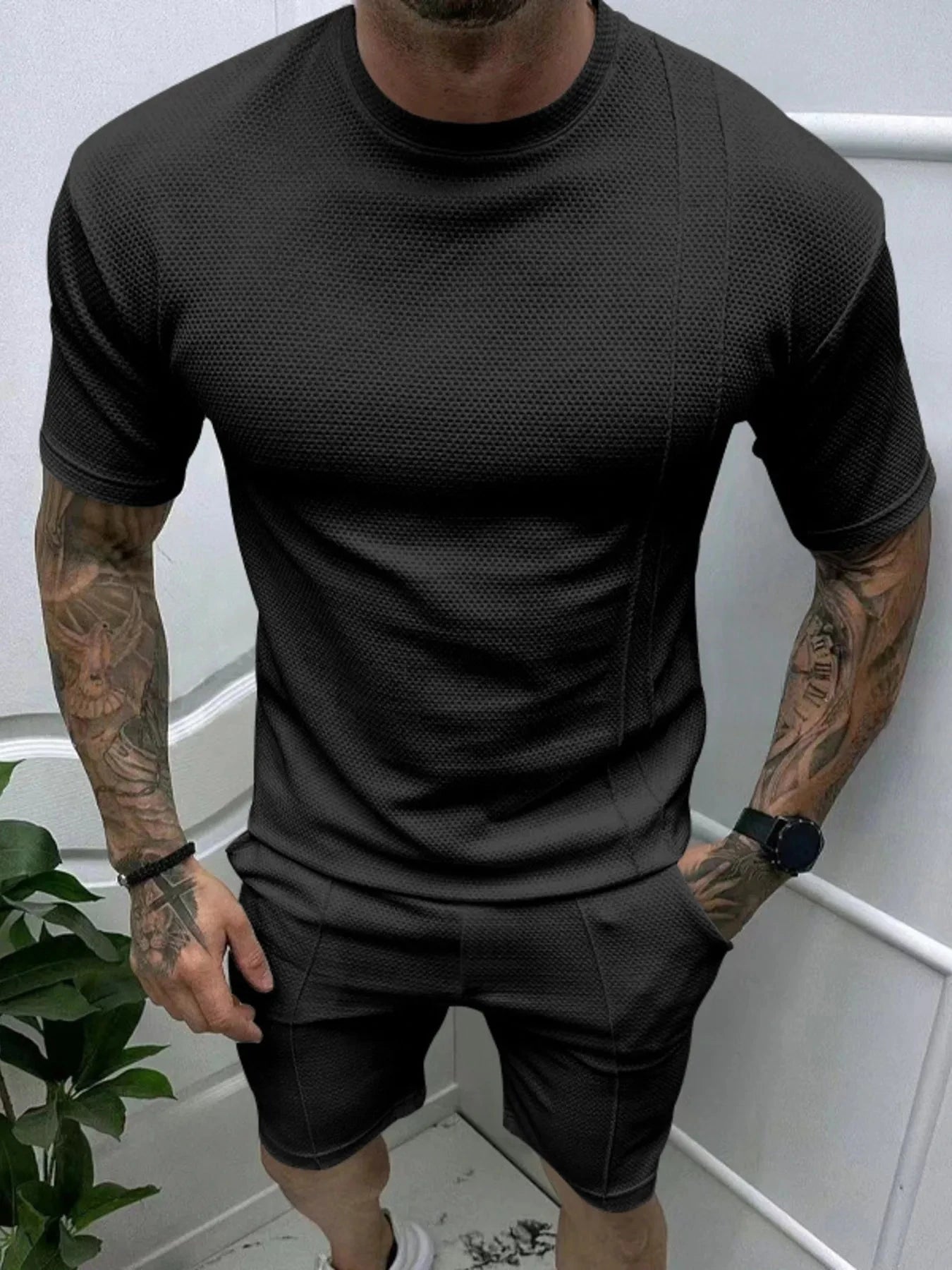 Men's Full Size Round Neck Tee and Shorts Set Plus Size Black / S